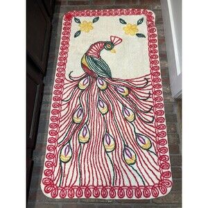Vintage Chenille Peacock Rug Red Green Yellow White ~ 30”x55” 40-50’s Mod